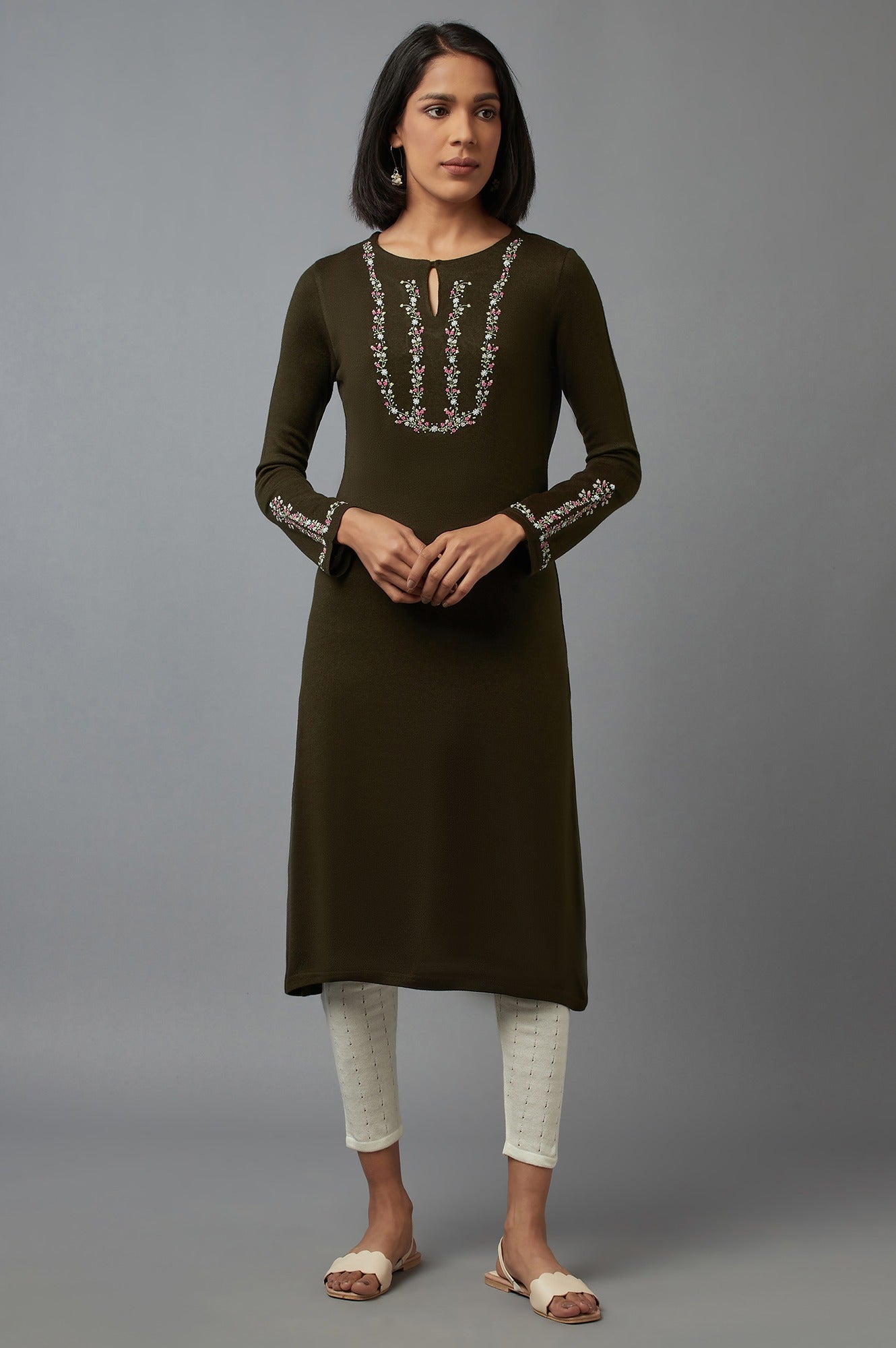 Olive Embroidered Kurta