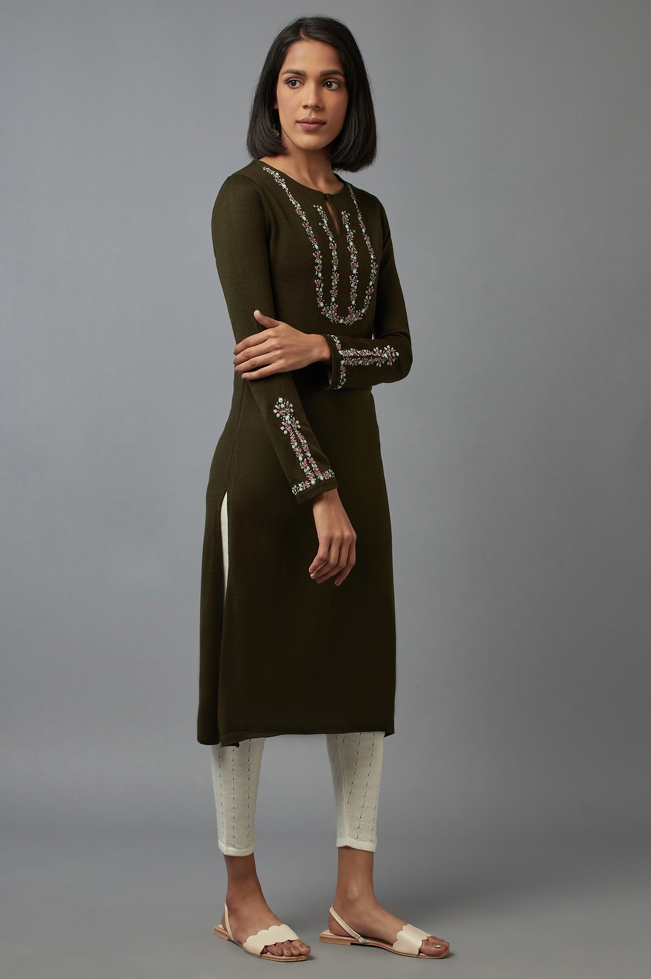 Olive Embroidered Kurta