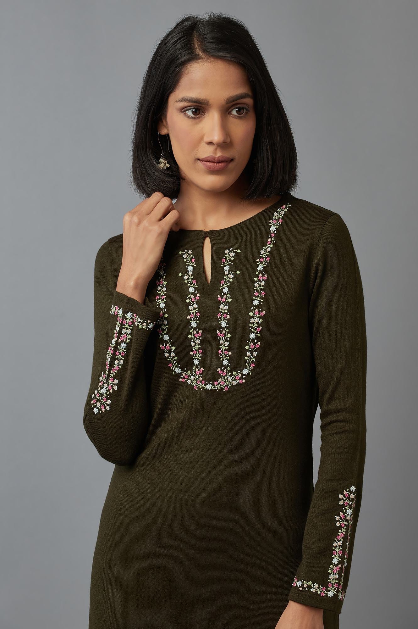 Olive Embroidered Kurta