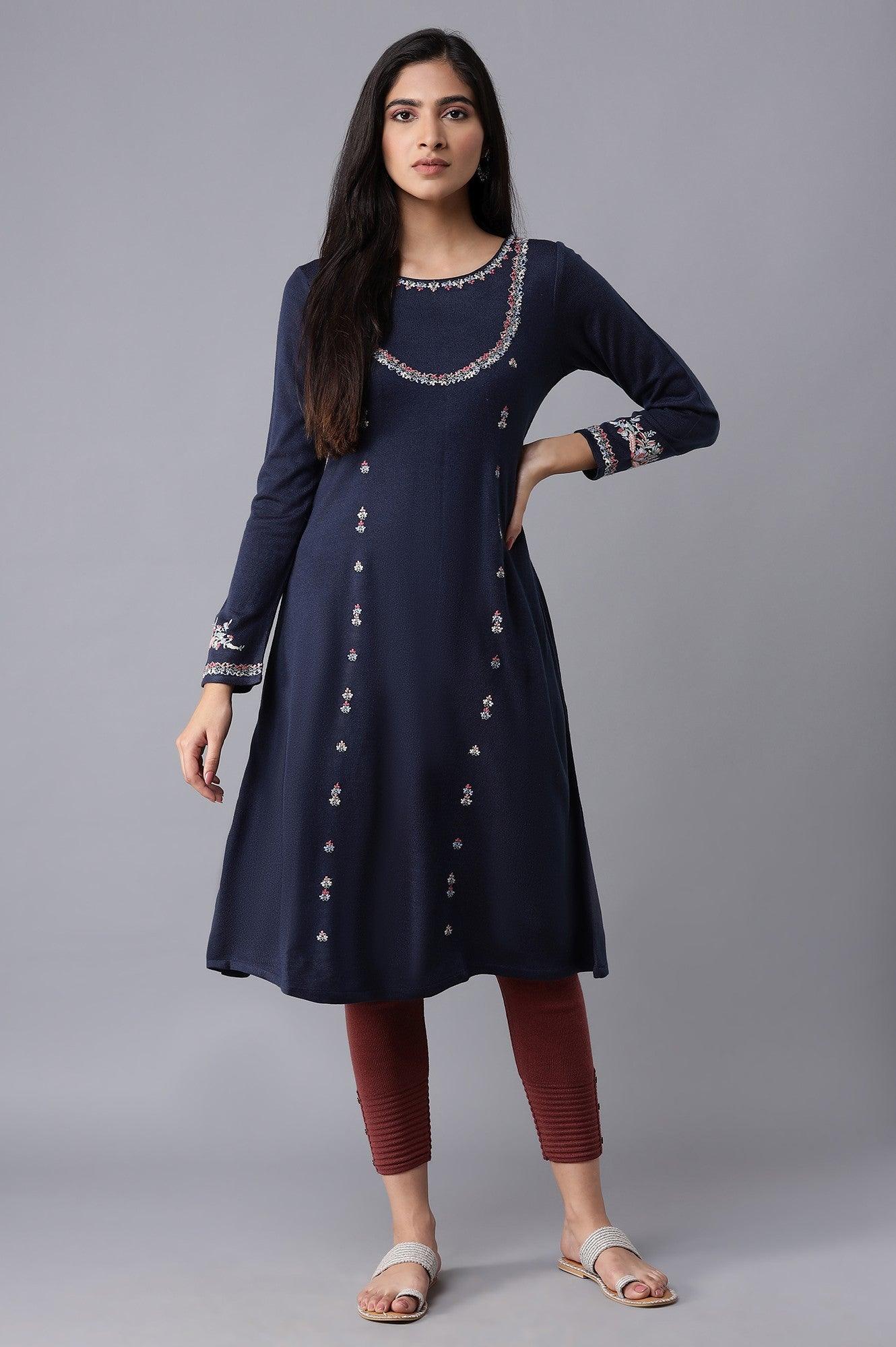 Dark Blue Embroidered Panelled kurta - wforwoman