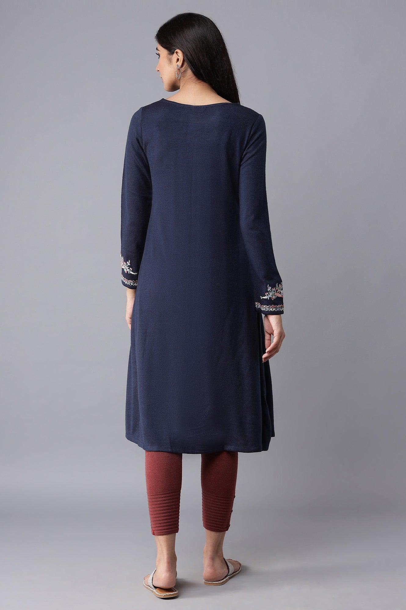 Dark Blue Embroidered Panelled kurta - wforwoman