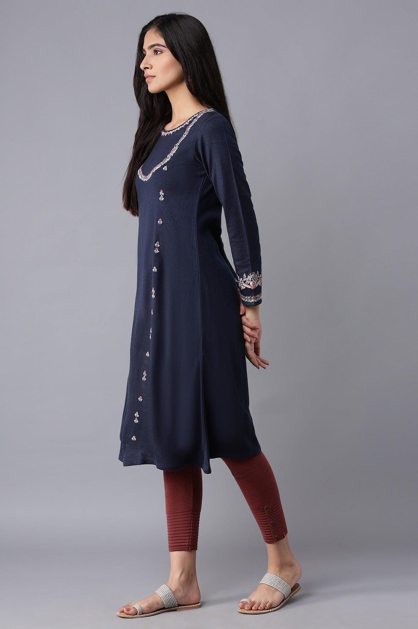 Dark Blue Embroidered Panelled kurta - wforwoman