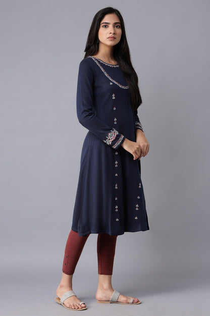 Dark Blue Embroidered Panelled kurta - wforwoman