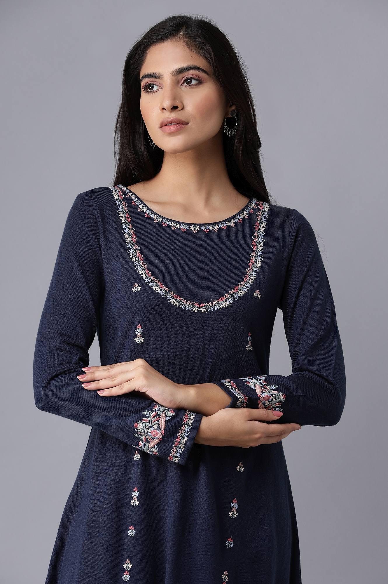 Dark Blue Embroidered Panelled kurta - wforwoman