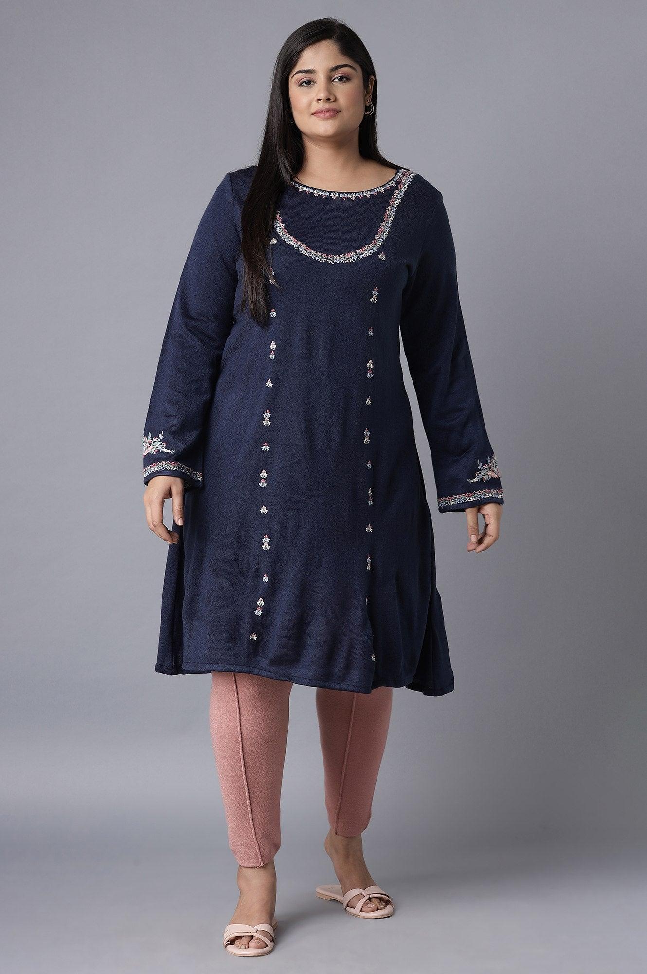 Dark Blue Embroidered Panelled kurta - wforwoman