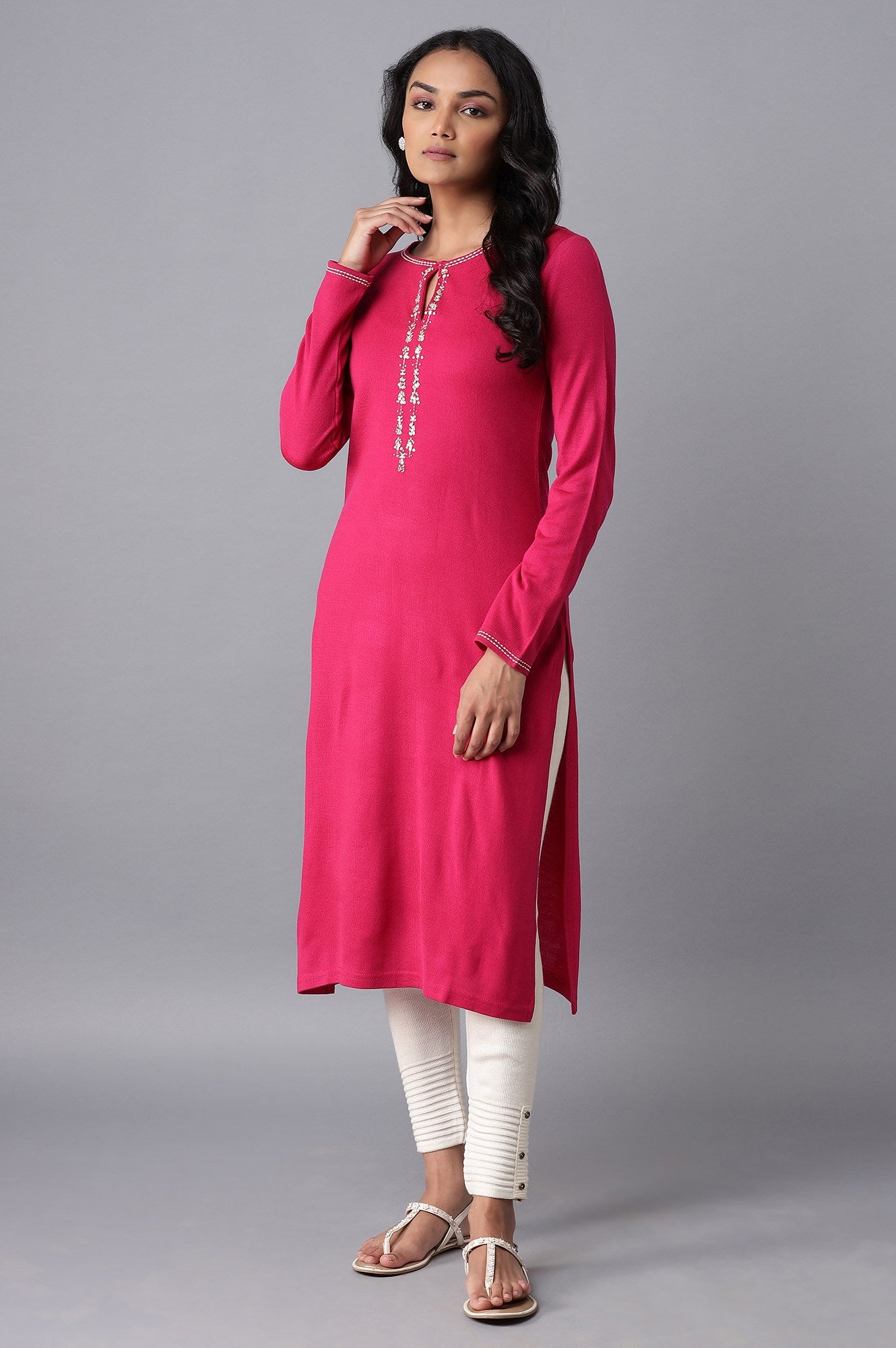 Dark Pink Embroidered Acrylic kurta