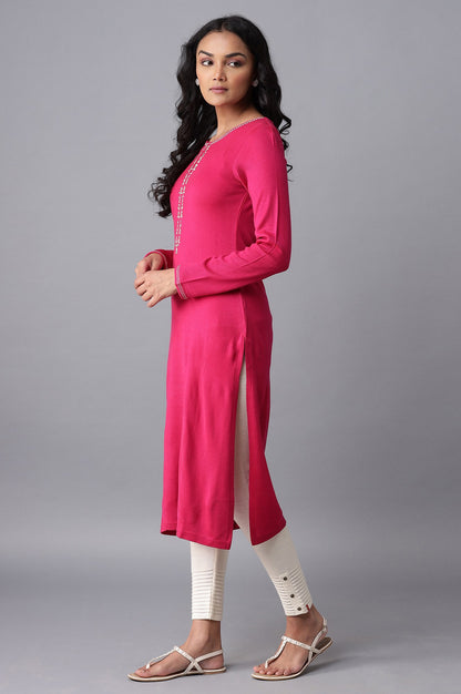 Dark Pink Embroidered Acrylic kurta