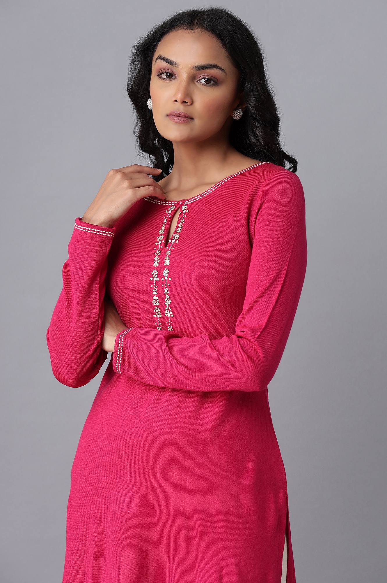 Dark Pink Embroidered Acrylic kurta