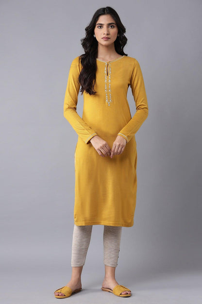 Yellow Embroidered Acrylic kurta - wforwoman