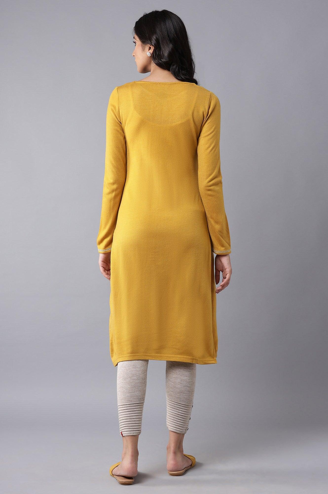 Yellow Embroidered Acrylic kurta - wforwoman