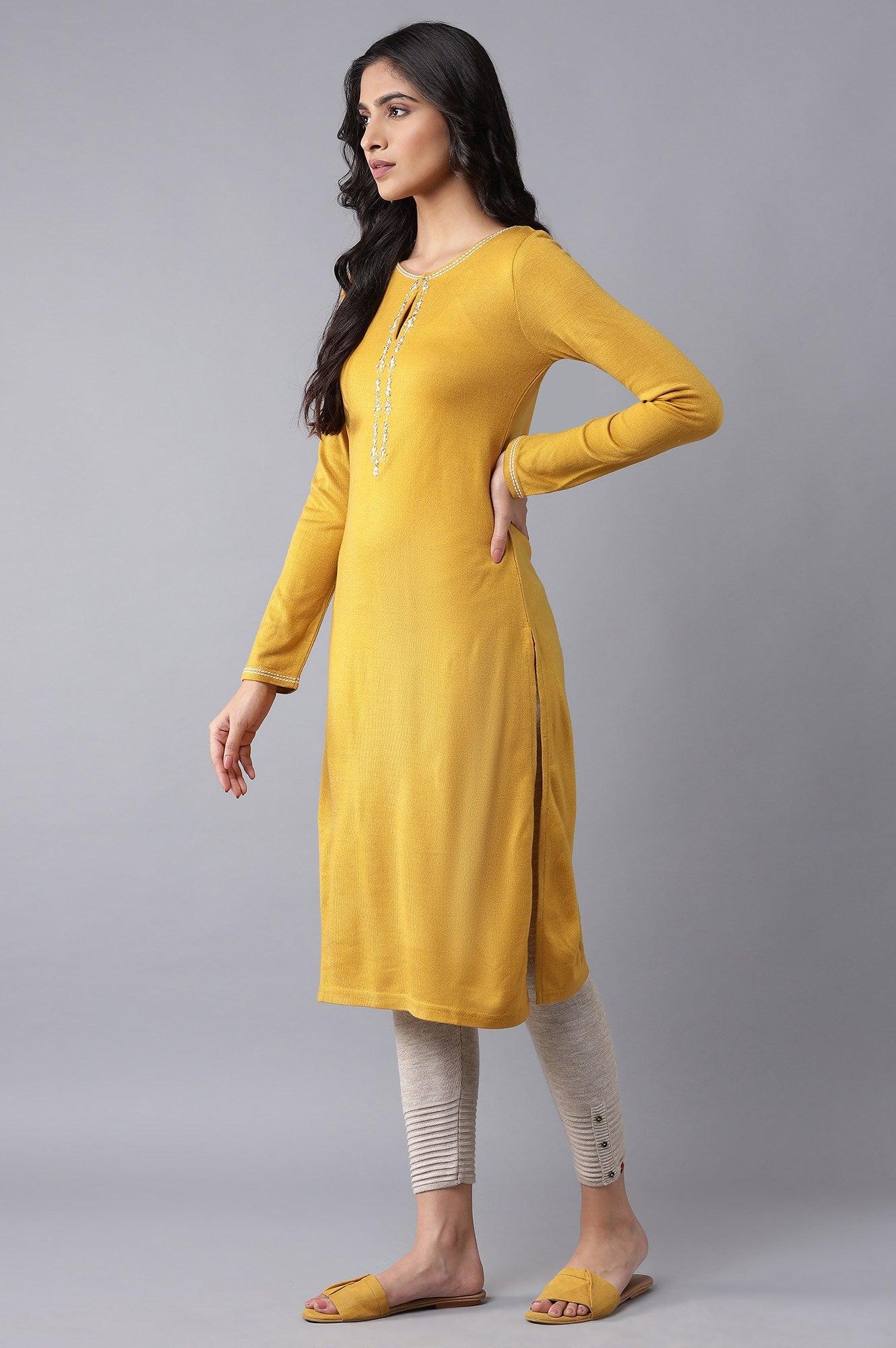 Yellow Embroidered Acrylic kurta - wforwoman