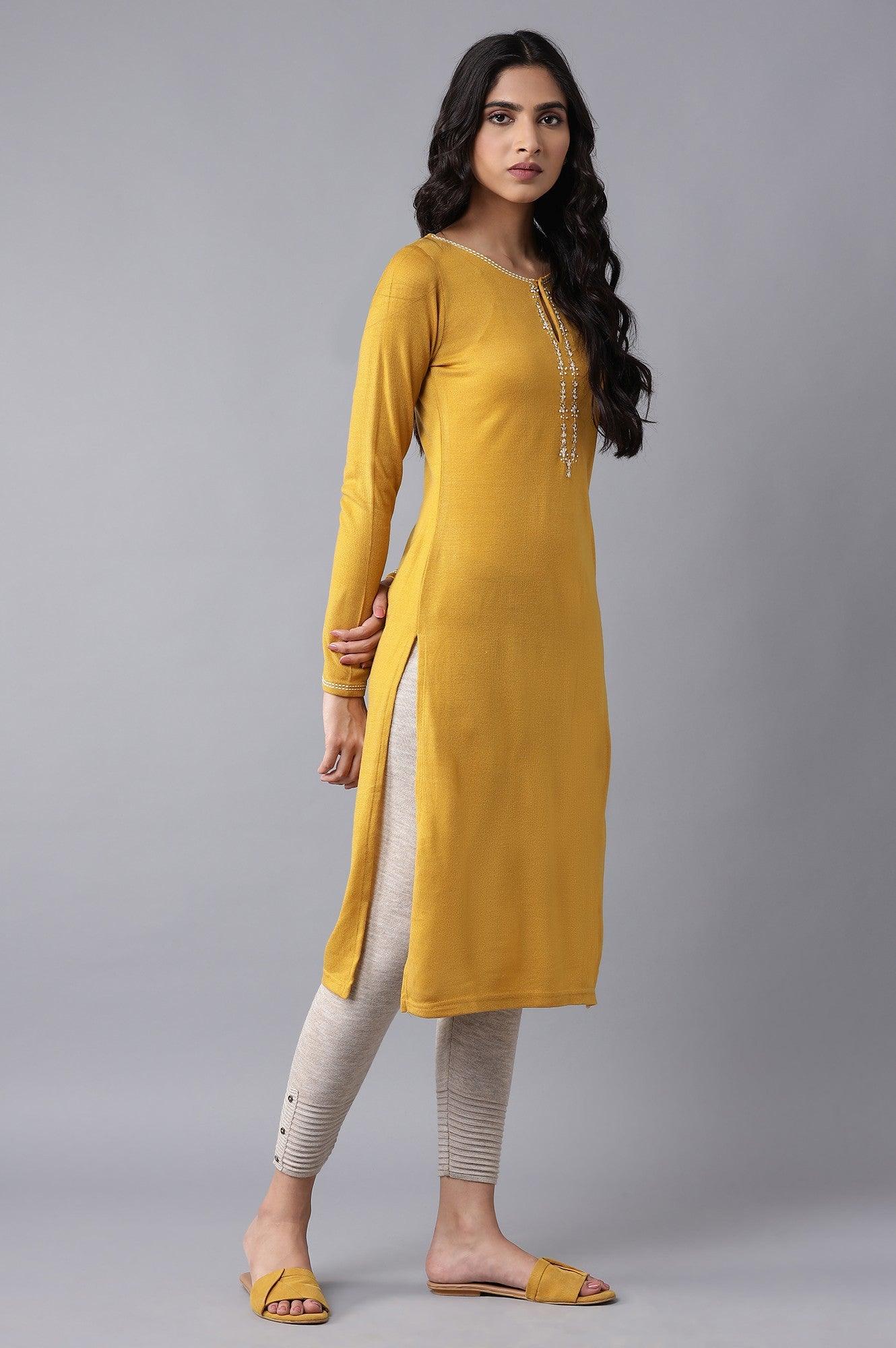 Yellow Embroidered Acrylic kurta - wforwoman