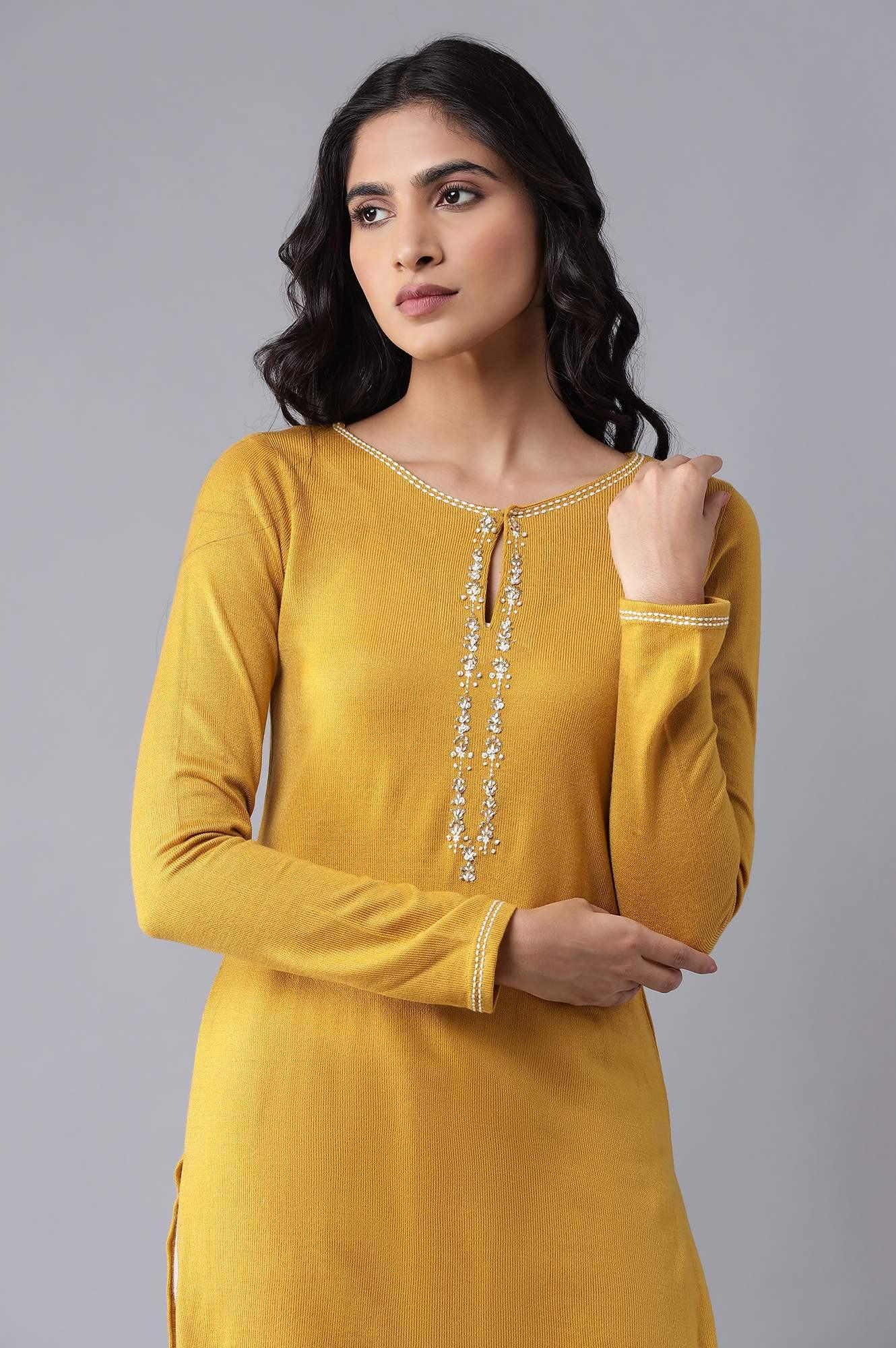 Yellow Embroidered Acrylic kurta - wforwoman