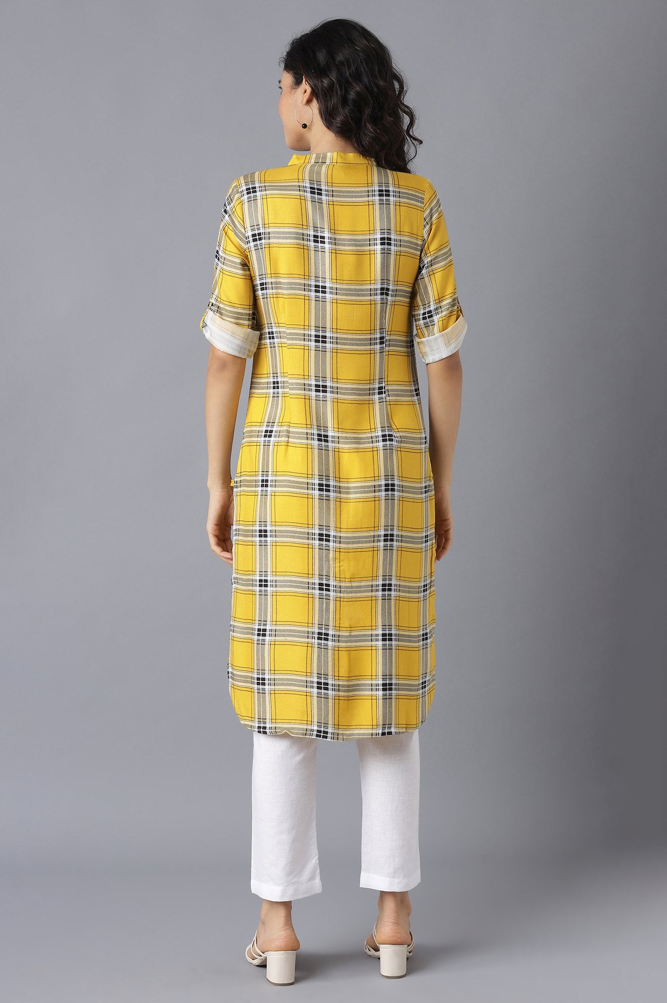 Yellow Check kurta- White Trousers Set