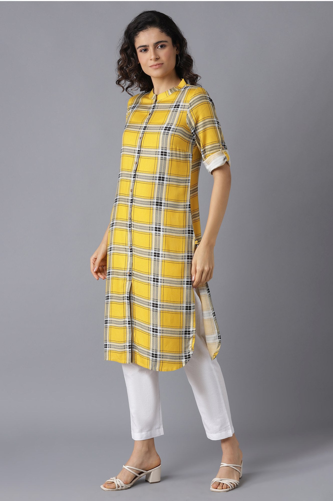 Yellow Check kurta- White Trousers Set