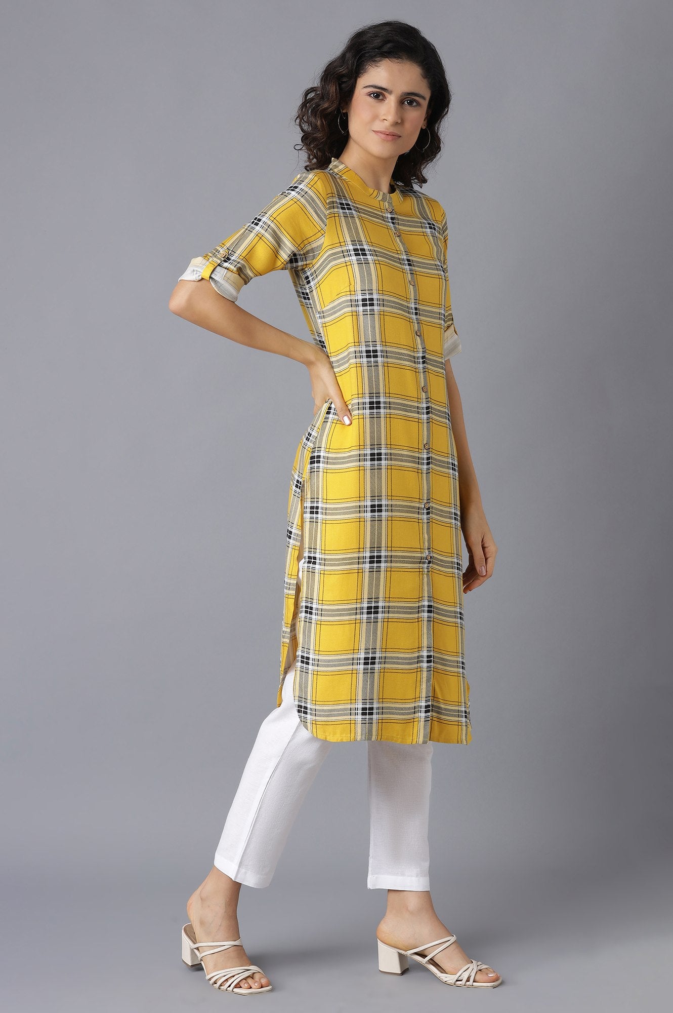 Yellow Check kurta- White Trousers Set