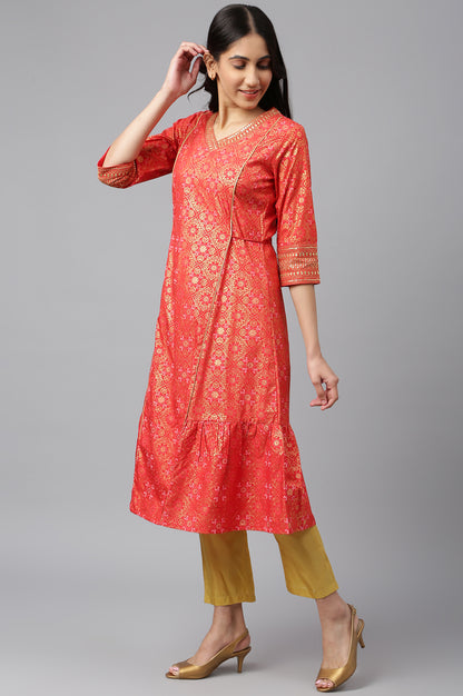 Red Printed kurta-Teal Trouser- Dupatta Set