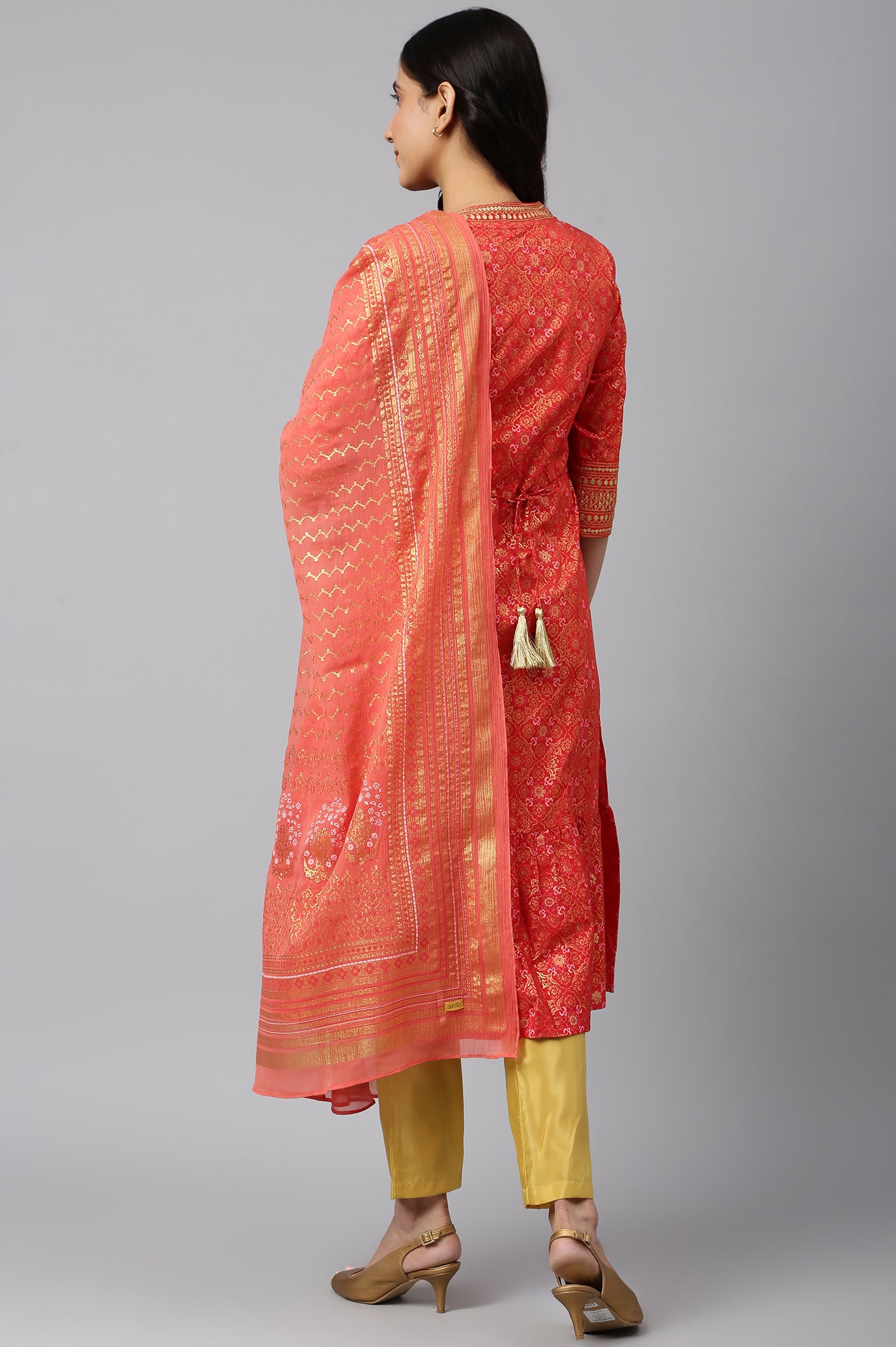 Red Printed kurta-Teal Trouser- Dupatta Set