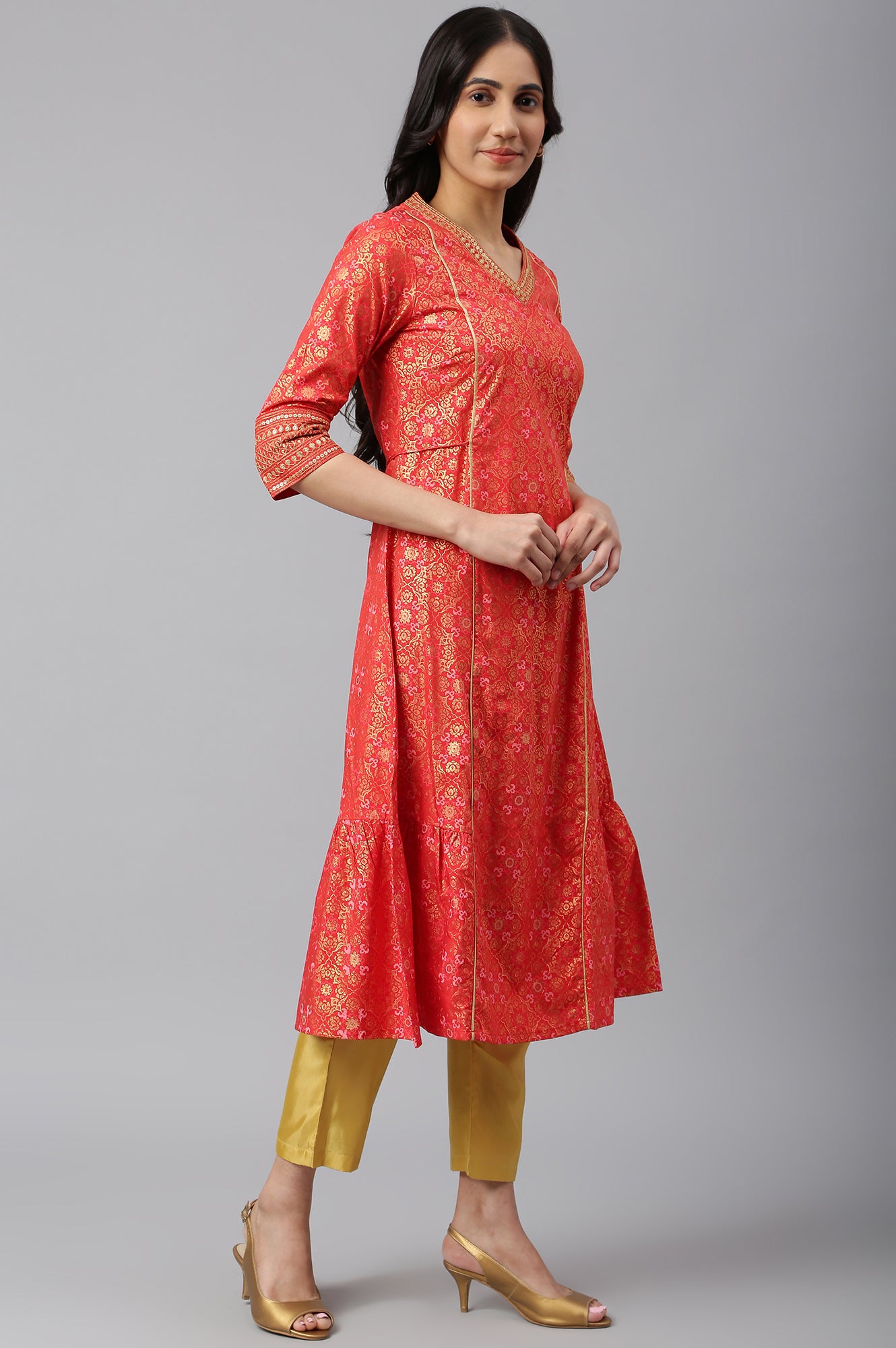 Red Printed kurta-Teal Trouser- Dupatta Set