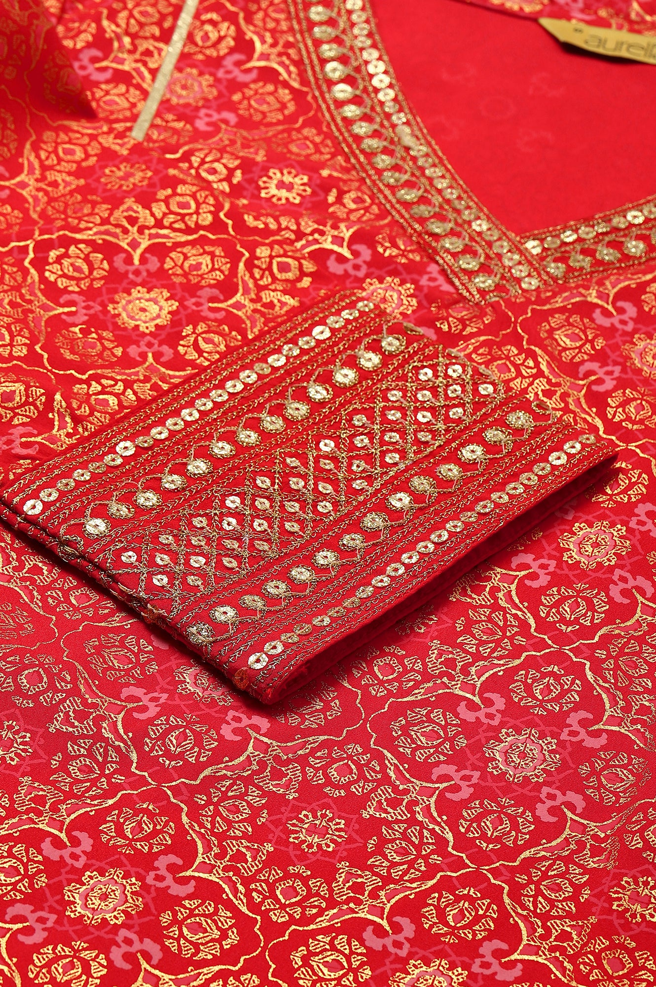 Red Printed kurta-Teal Trouser- Dupatta Set