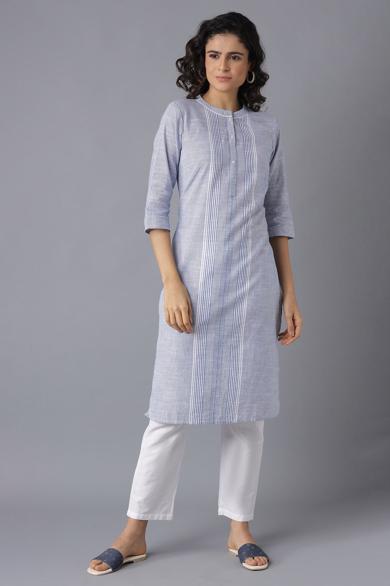 Blue Printed kurta-White Palazzo