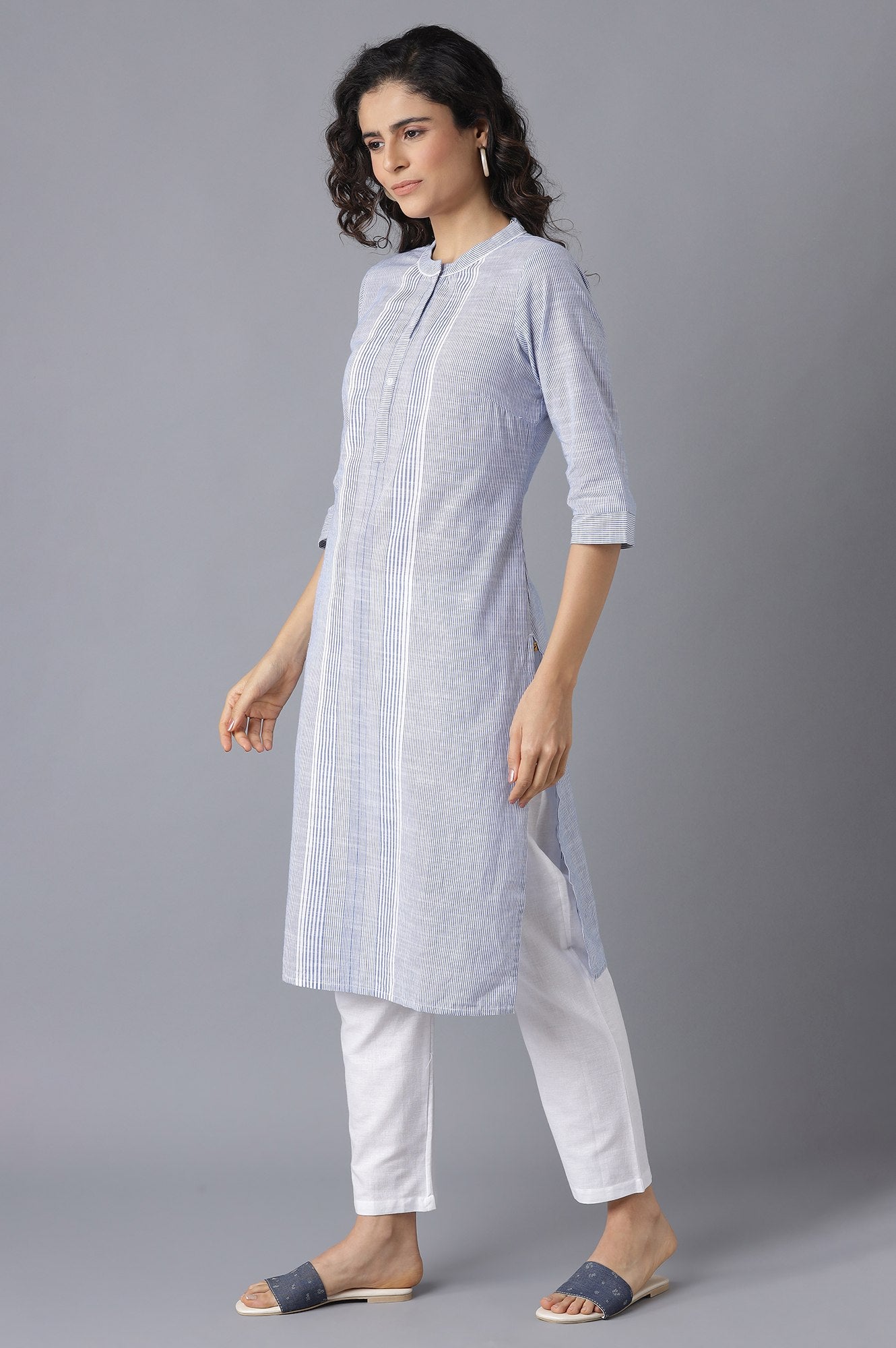 Blue Printed kurta-White Palazzo