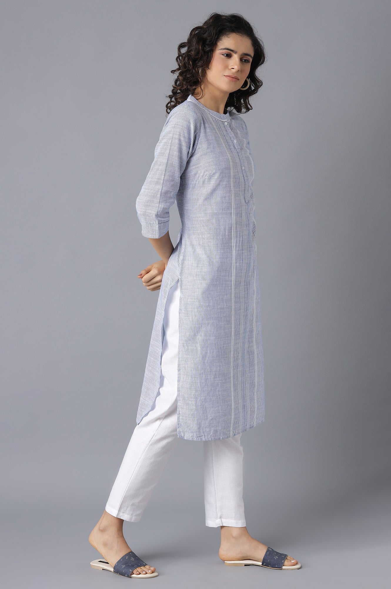 Blue Printed kurta-White Palazzo