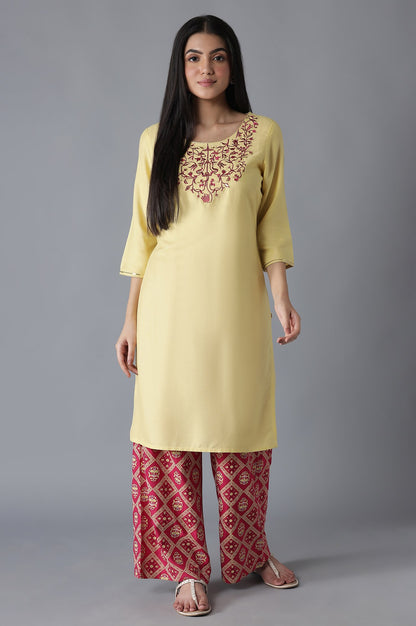 Yellow Embroidered Solid Straight kurta Palazzos Set