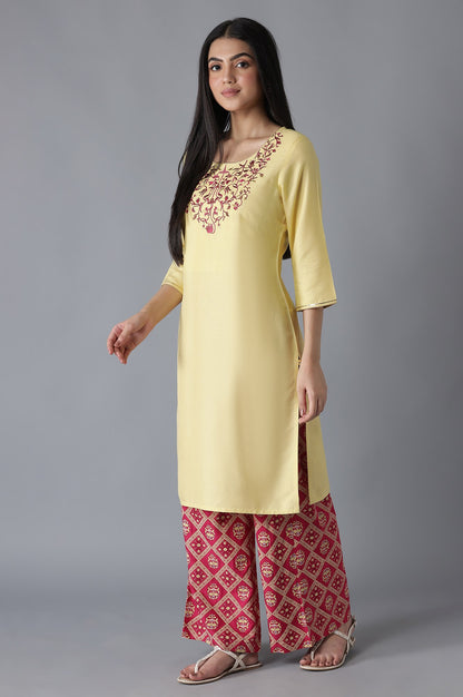 Yellow Embroidered Solid Straight kurta Palazzos Set