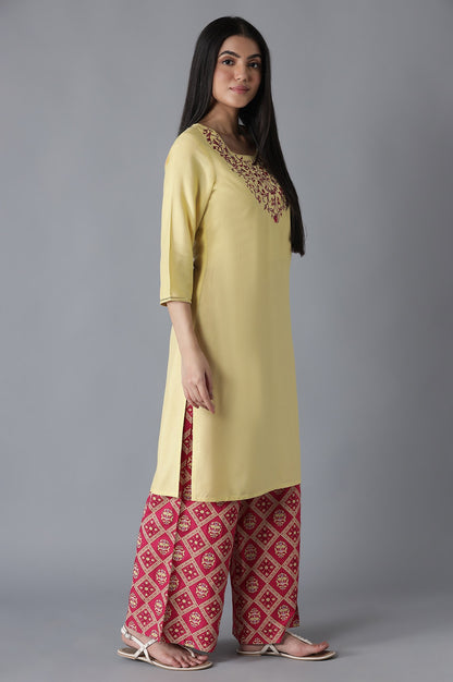 Yellow Embroidered Solid Straight kurta Palazzos Set