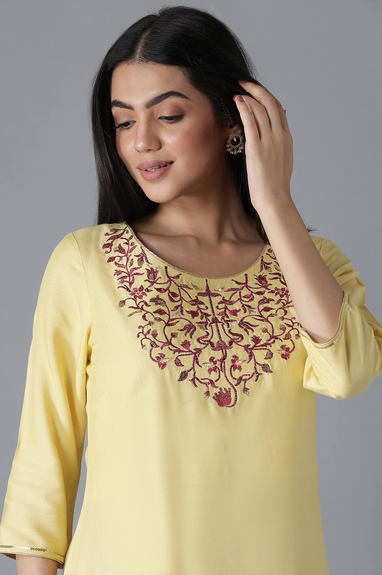 Yellow Embroidered Solid Straight kurta Palazzos Set