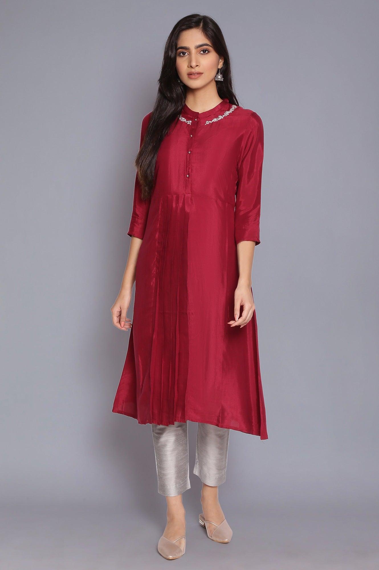 Wine Pleated kurta with Embroidery - wforwoman