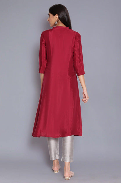 Wine Pleated kurta with Embroidery - wforwoman