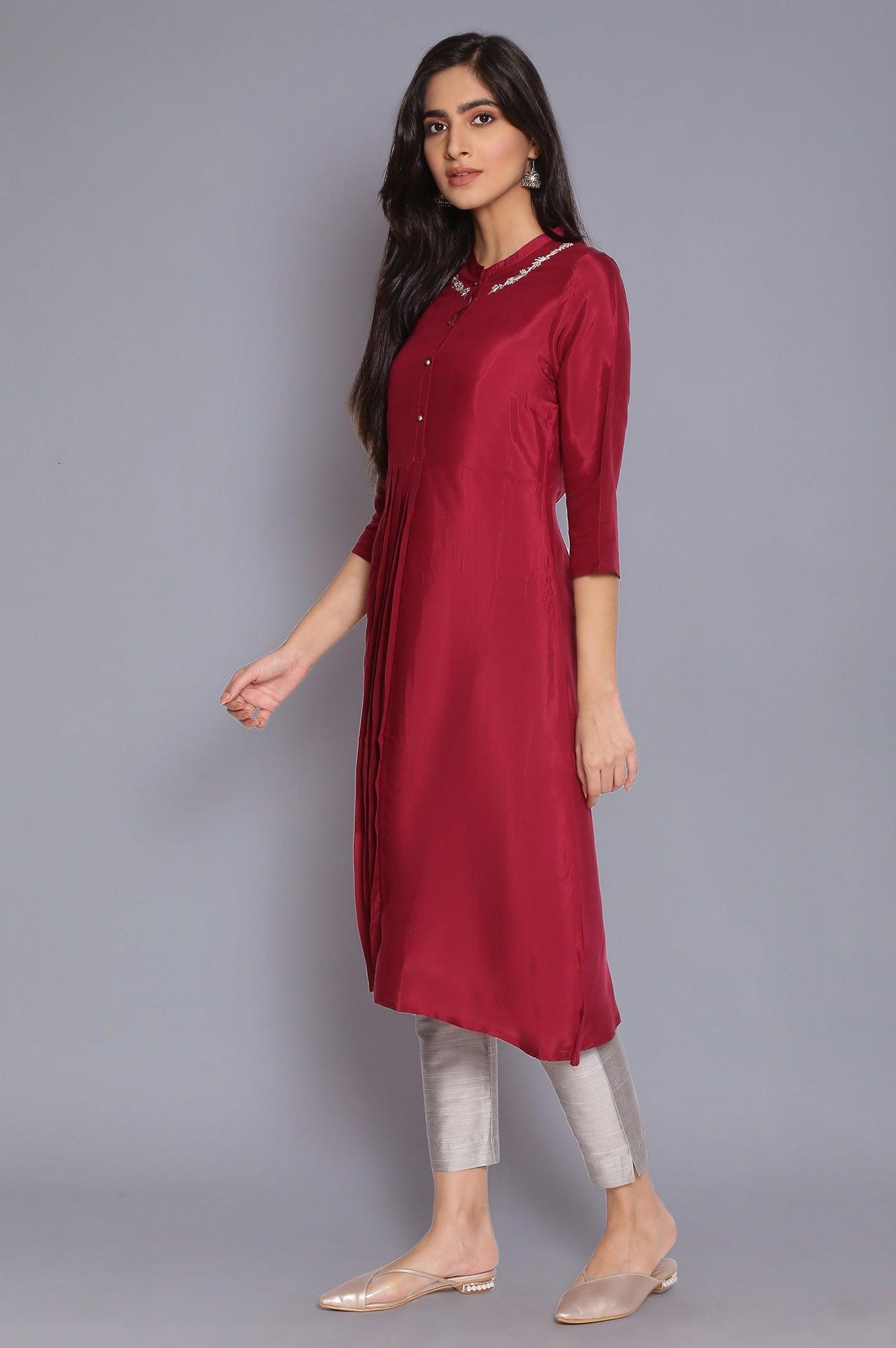 Wine Pleated kurta with Embroidery - wforwoman