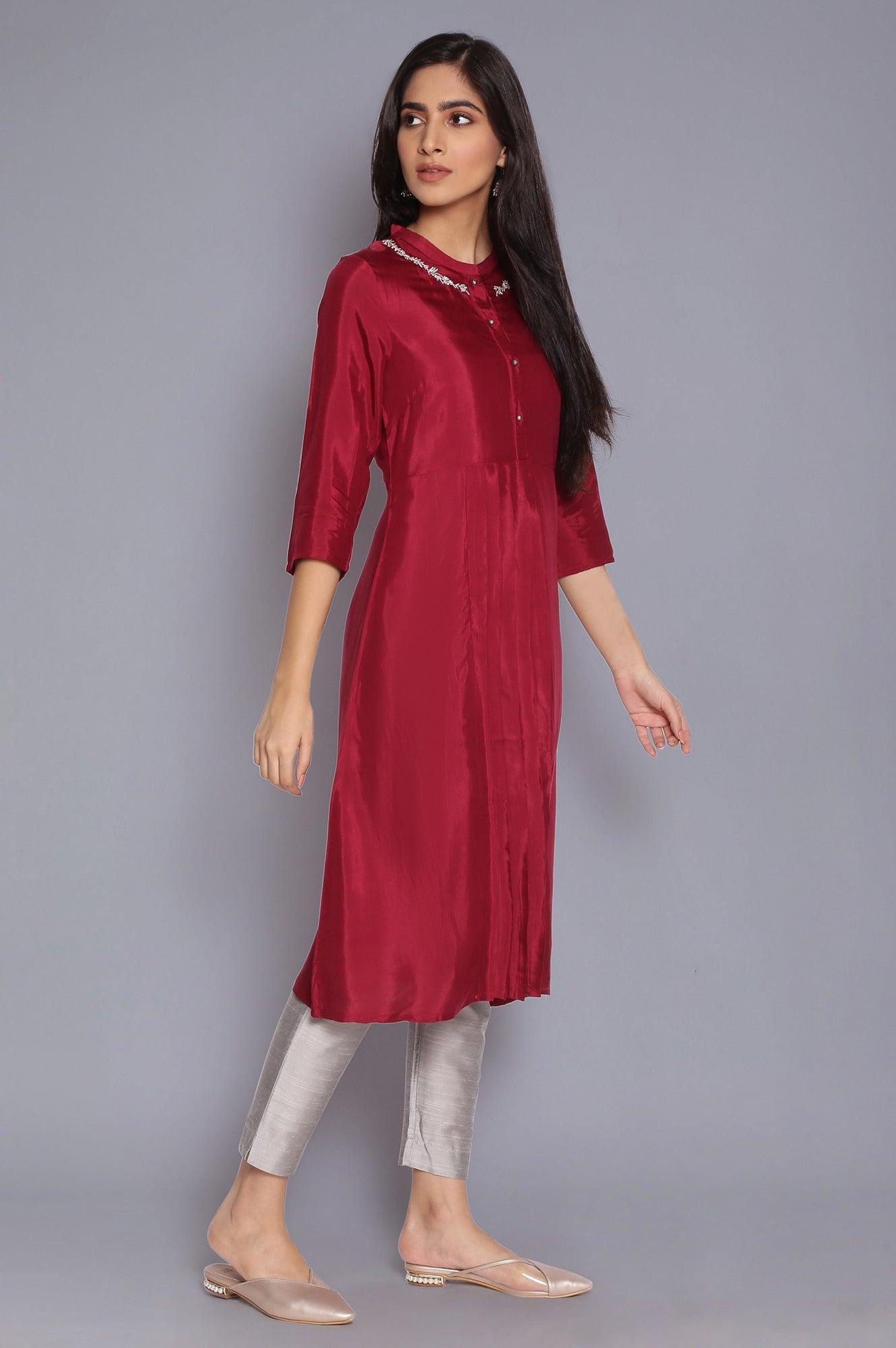 Wine Pleated kurta with Embroidery - wforwoman