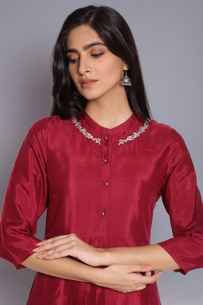 Wine Pleated kurta with Embroidery - wforwoman