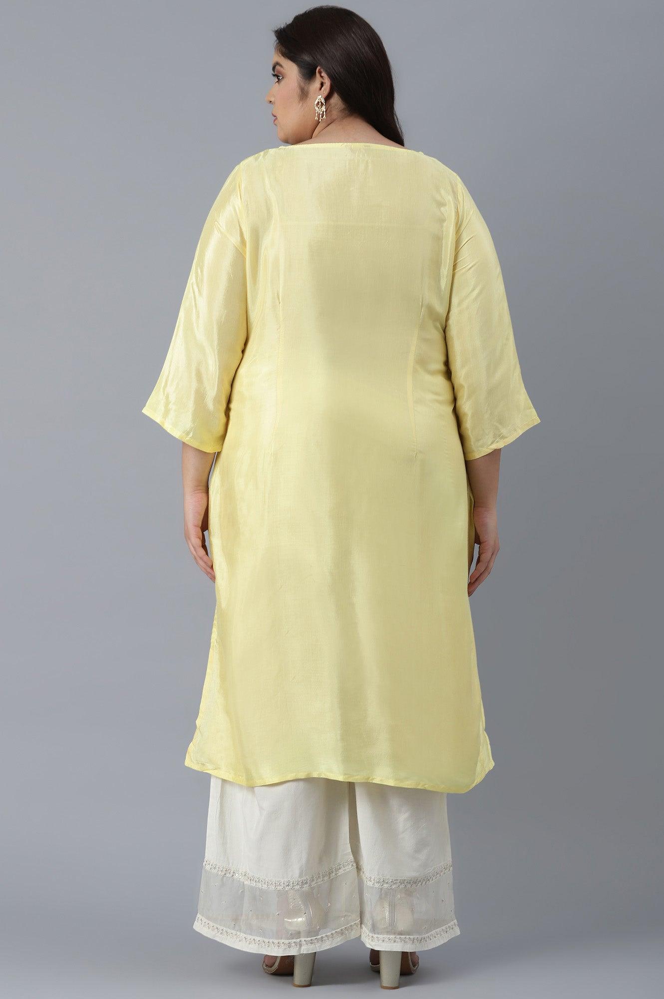 Light Yellow Shantung kurta in Metallic Embroidery - wforwoman