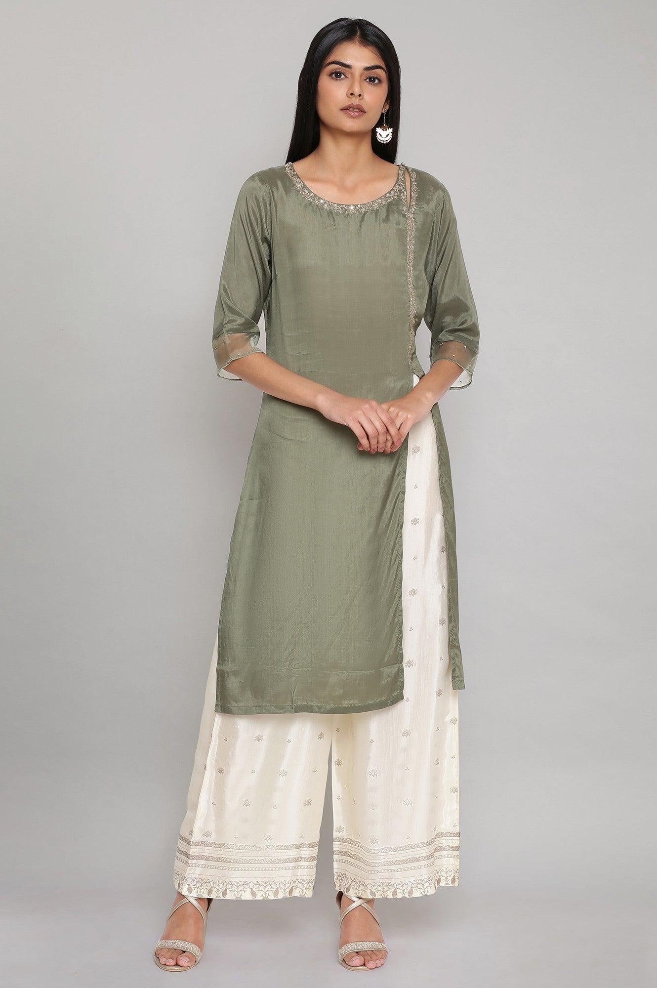 Green Embroidered kurta-Flared Pants Set - wforwoman