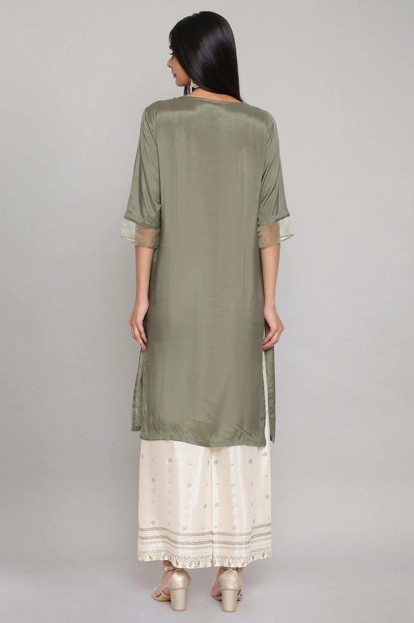 Green Embroidered kurta-Flared Pants Set - wforwoman