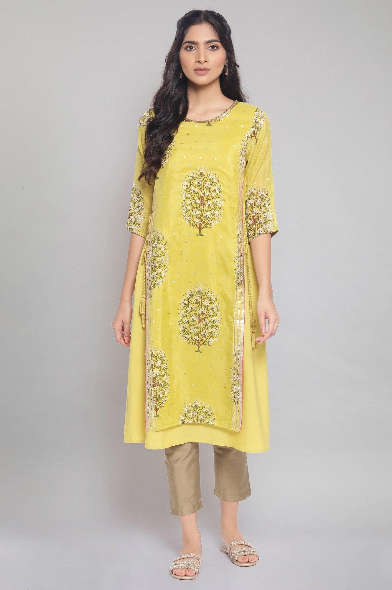 Yellow Floral Print A-line kurta - wforwoman