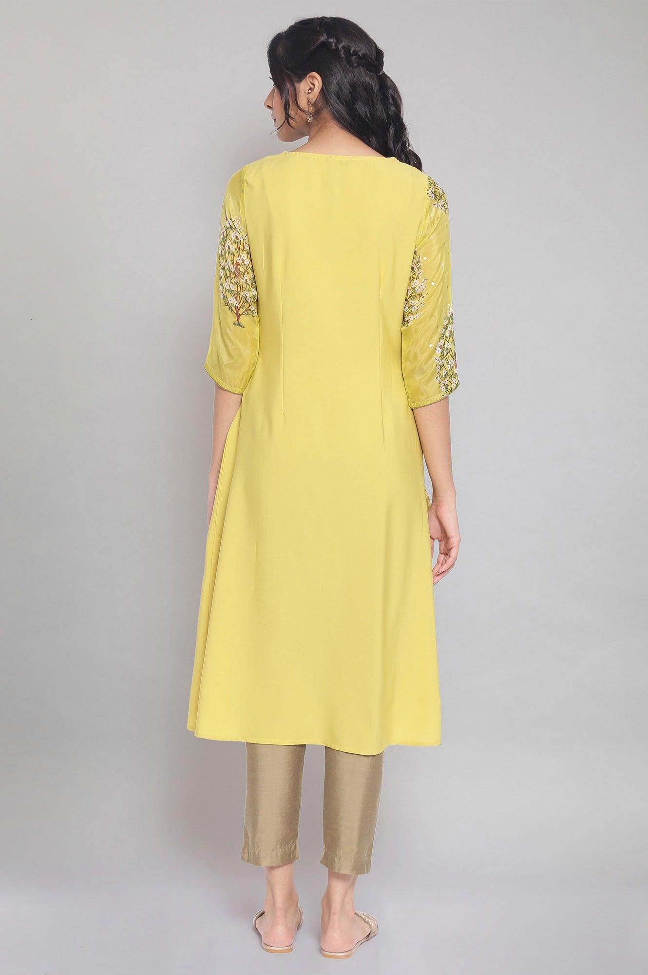 Yellow Floral Print A-line kurta - wforwoman