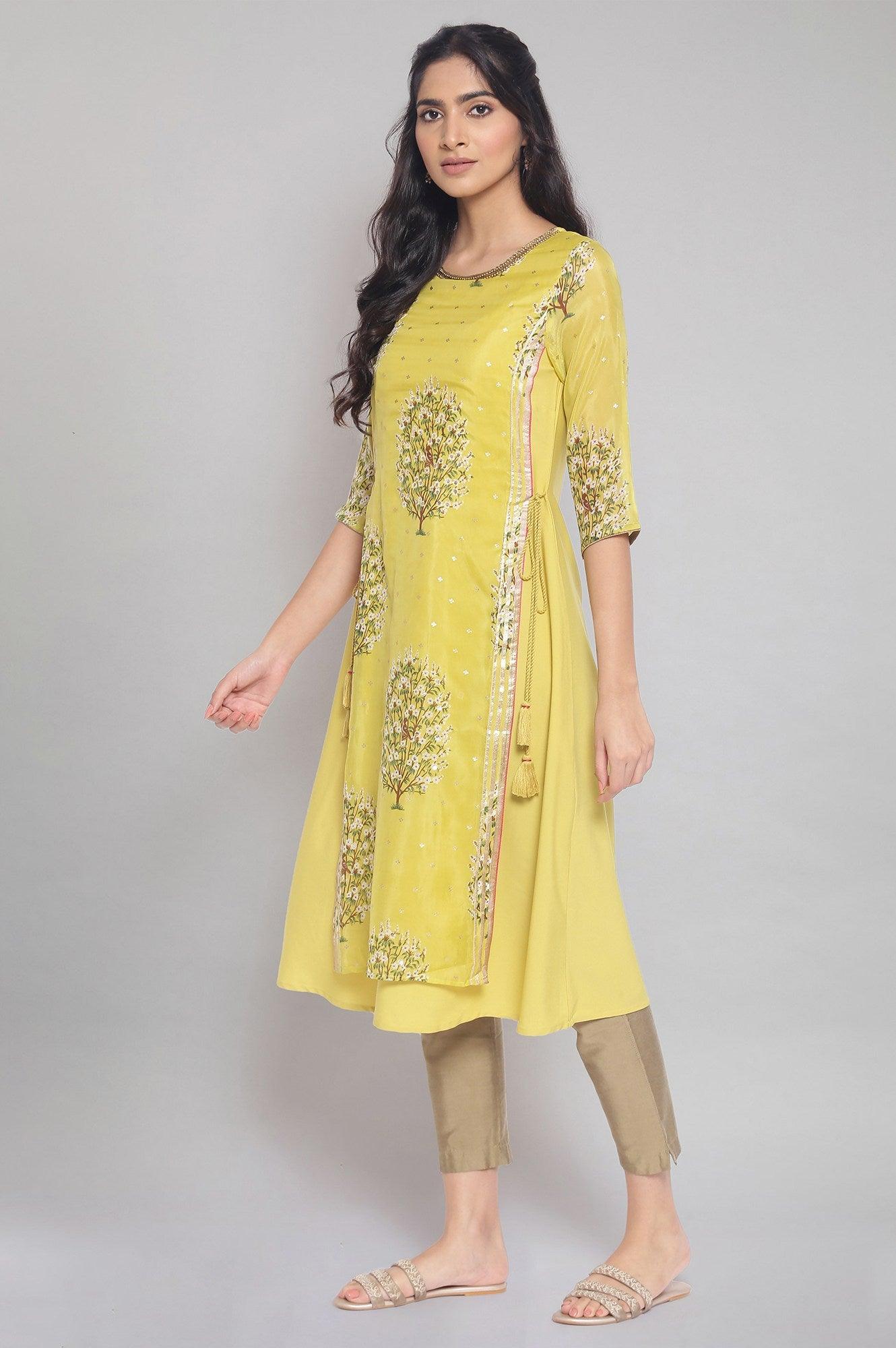 Yellow Floral Print A-line kurta - wforwoman