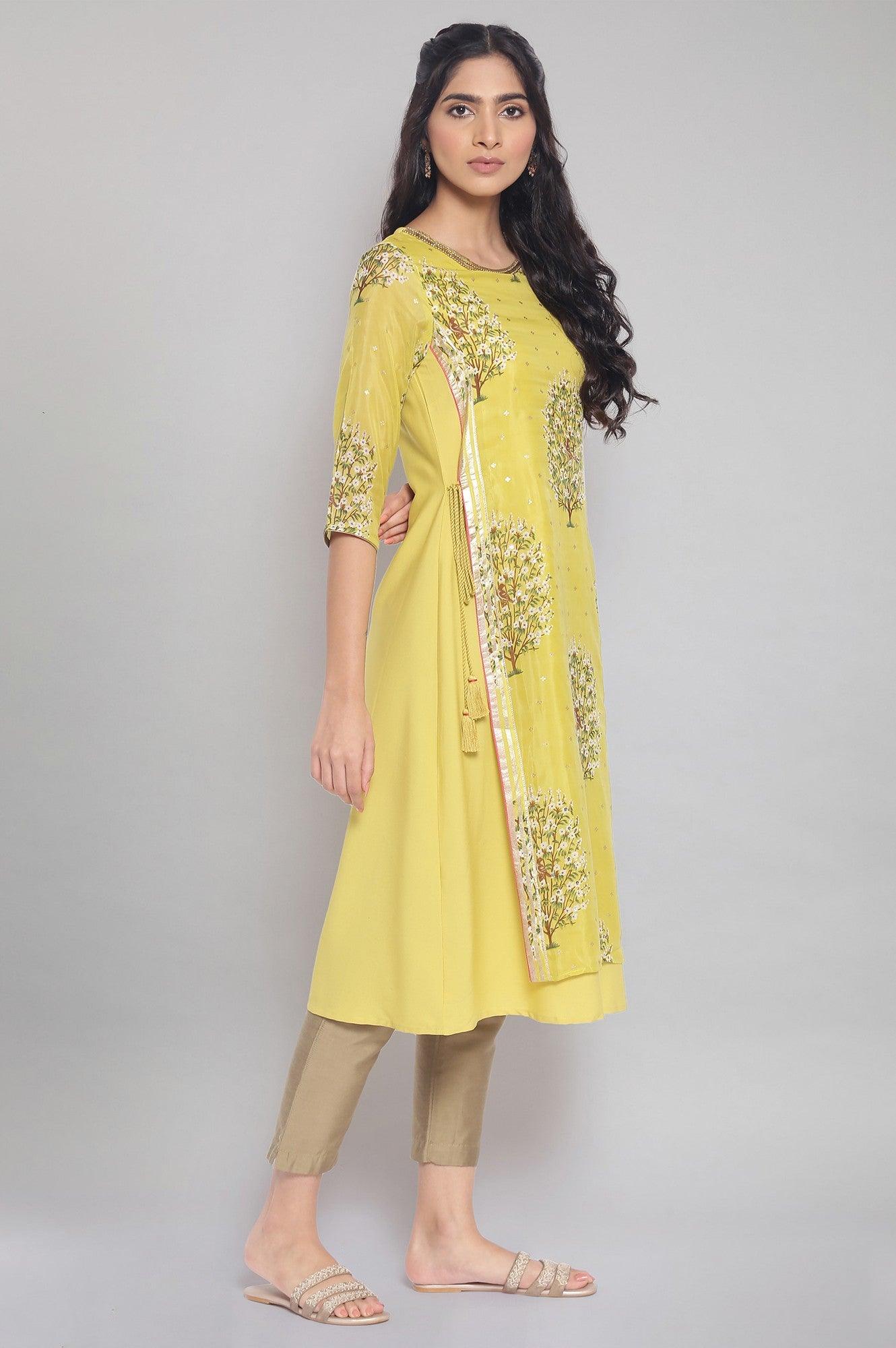 Yellow Floral Print A-line kurta - wforwoman