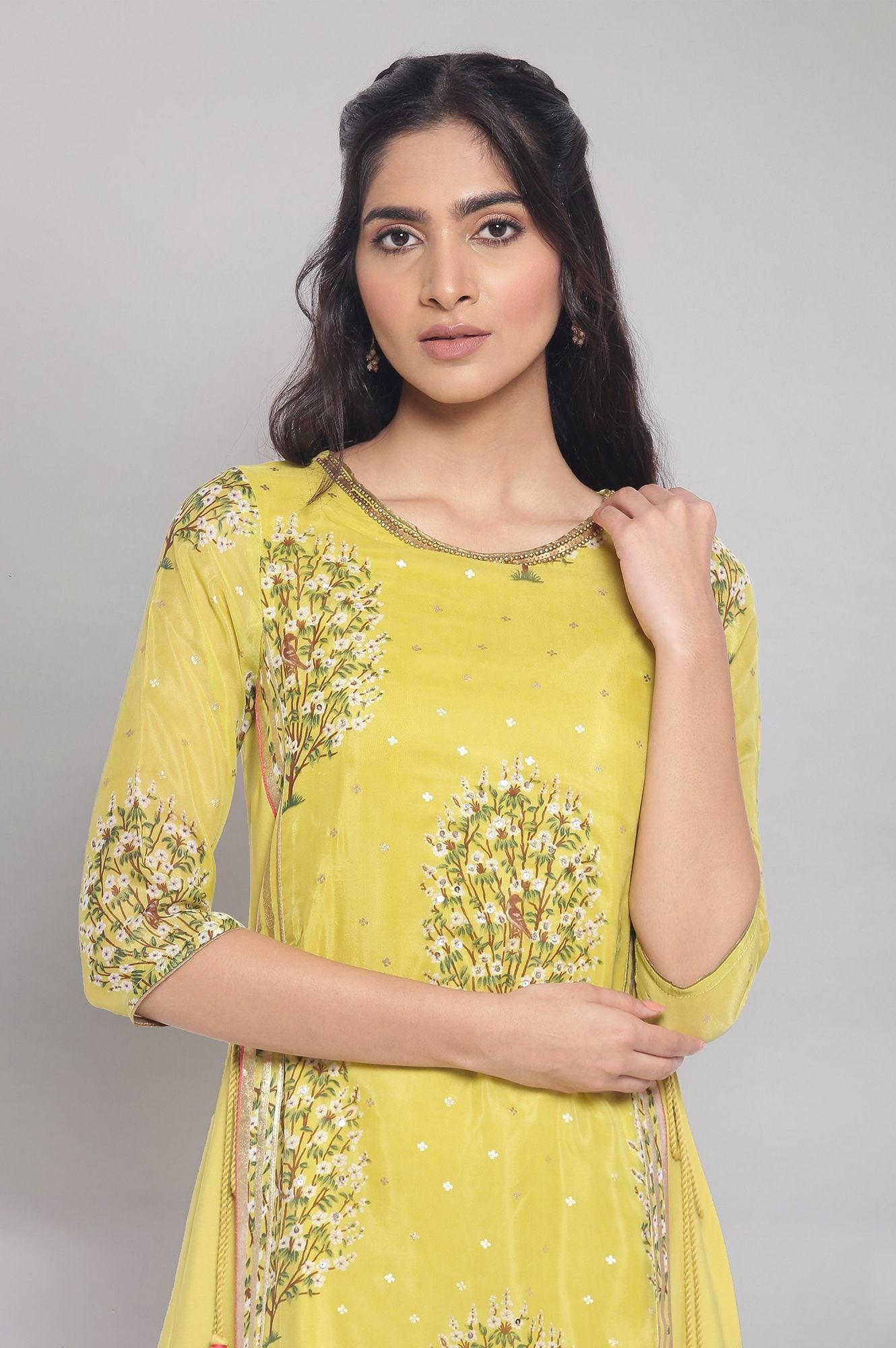 Yellow Floral Print A-line kurta - wforwoman