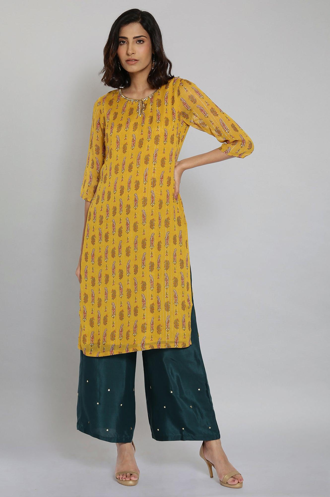 Yellow Round Neck Paisley Print kurta - wforwoman