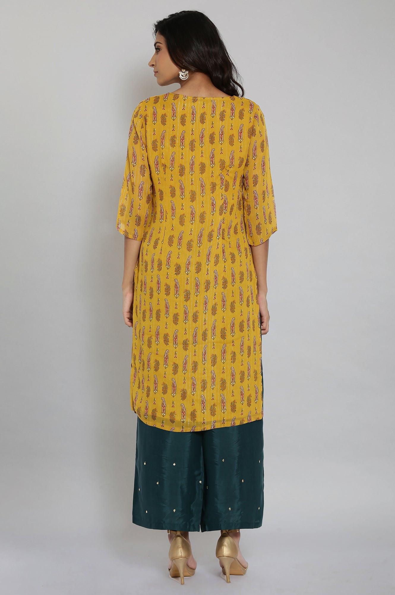 Yellow Round Neck Paisley Print kurta - wforwoman