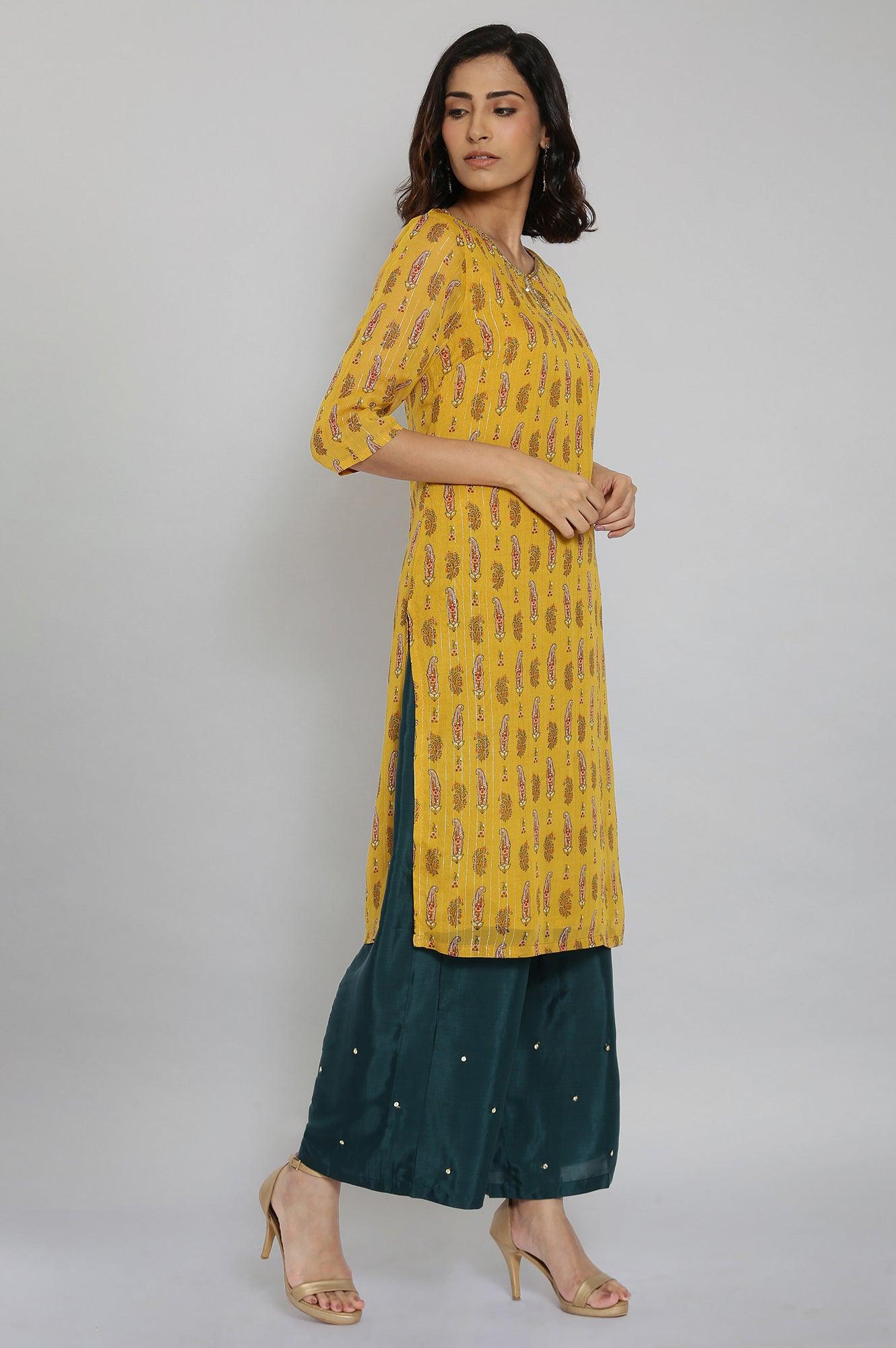 Yellow Round Neck Paisley Print kurta - wforwoman