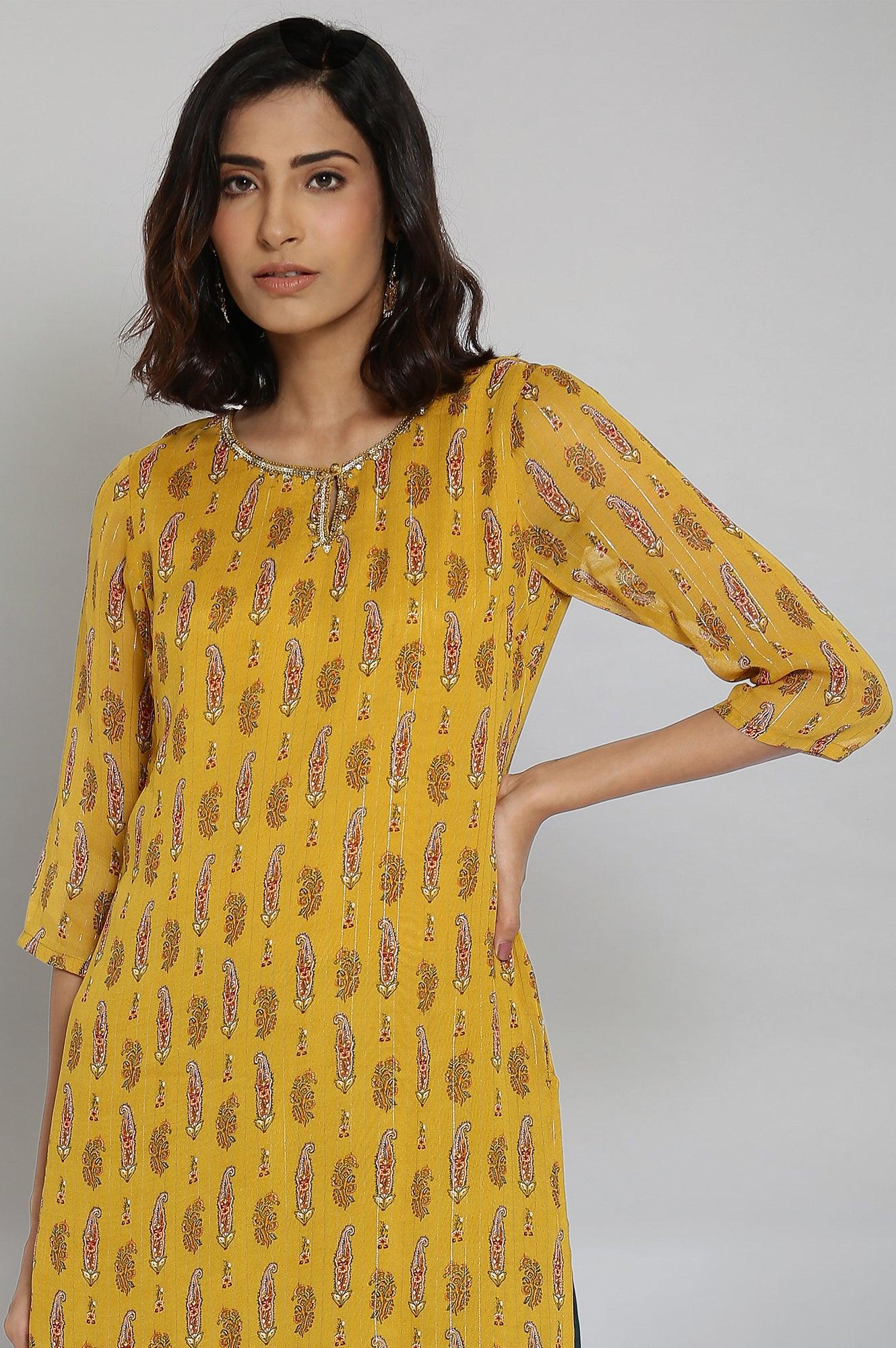 Yellow Round Neck Paisley Print kurta - wforwoman