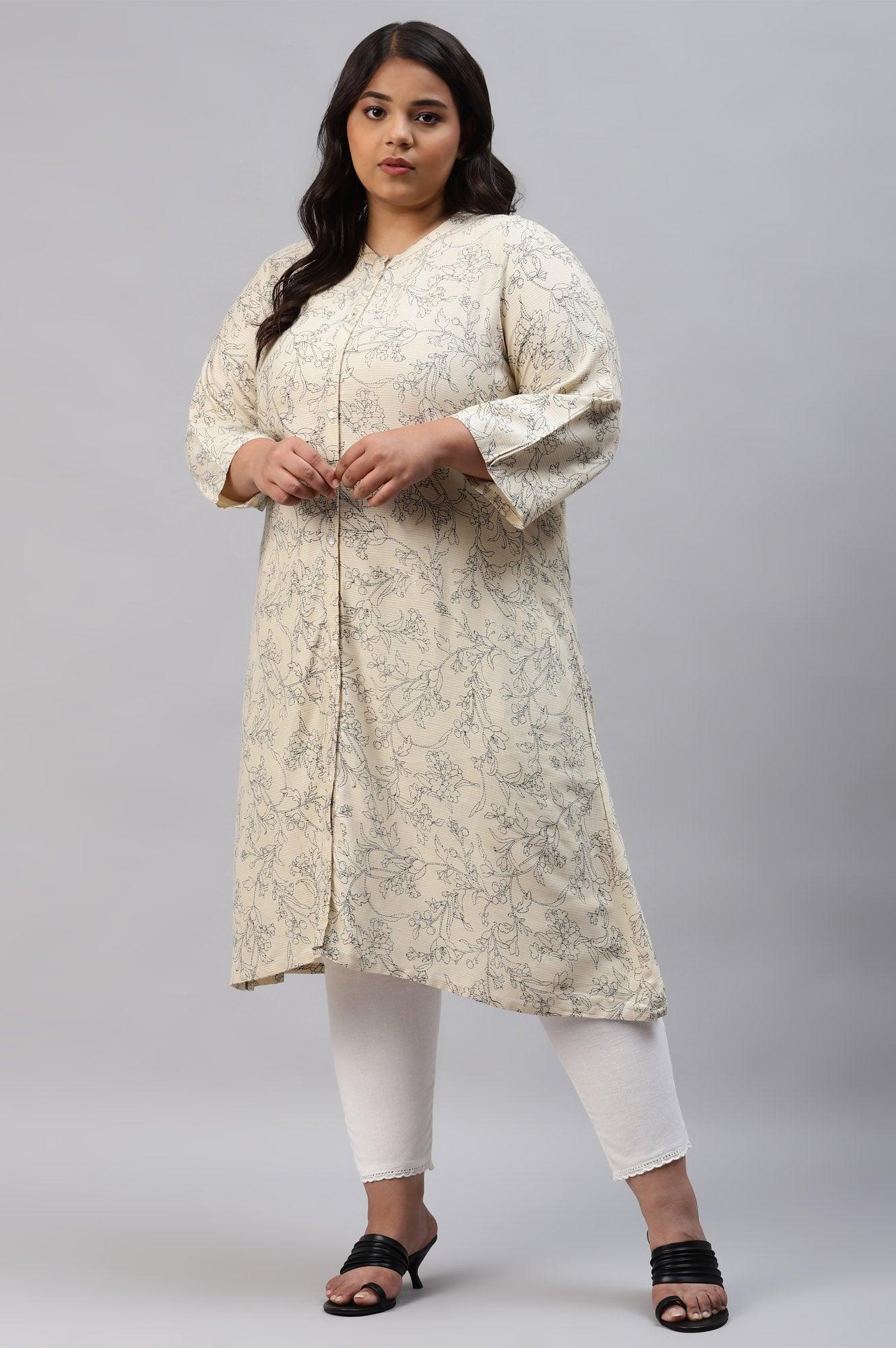 White A-Line Printed Plus Size kurta - wforwoman