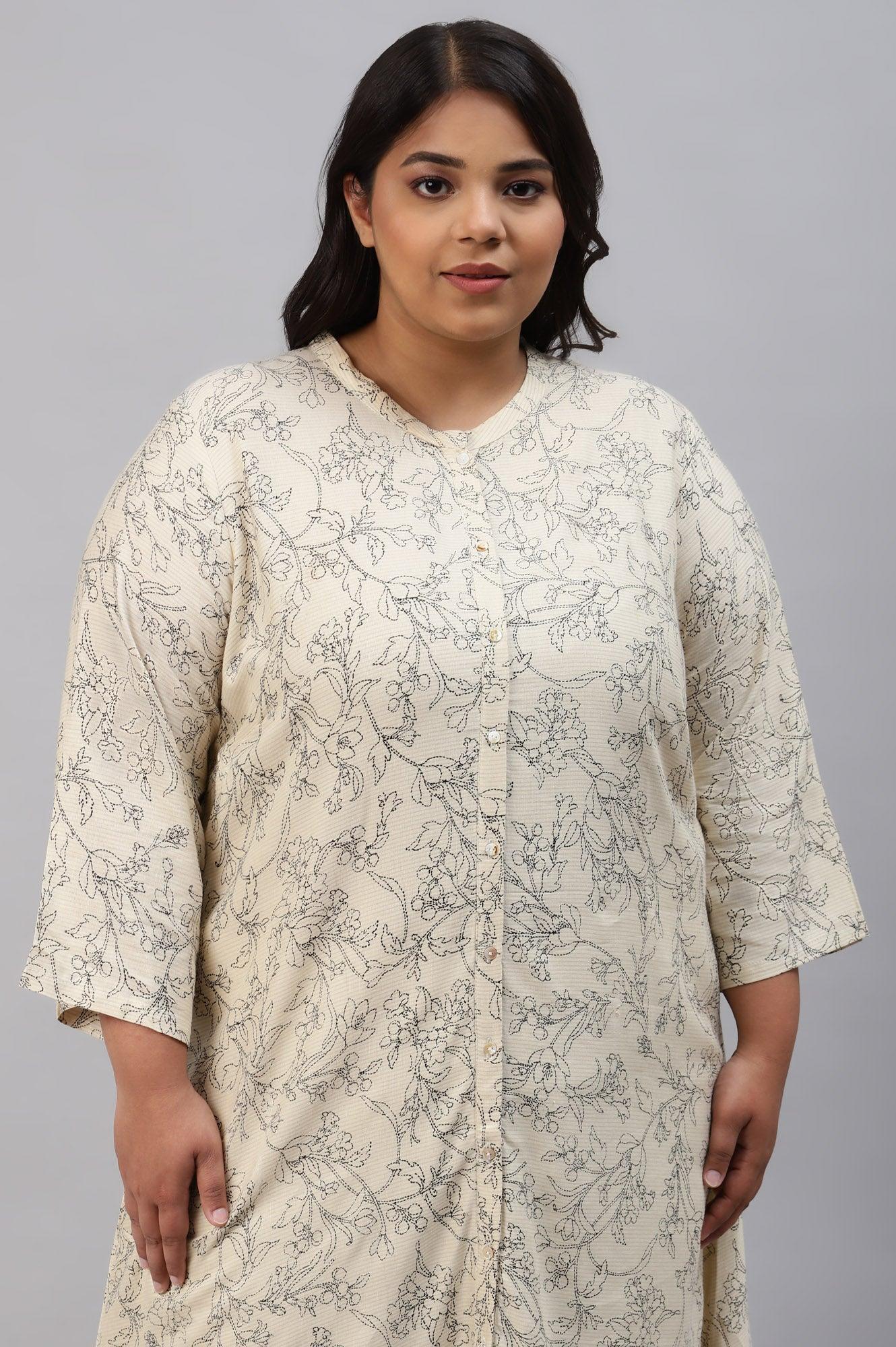 White A-Line Printed Plus Size kurta - wforwoman